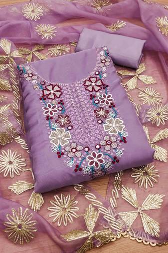 Lavender Soft Organza Embroidered Unstitched Dress Material