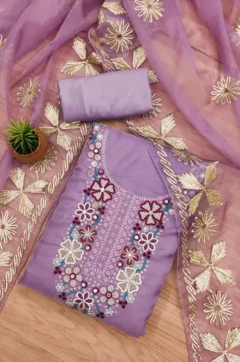 Lavender Soft Organza Embroidered Unstitched Dress Material