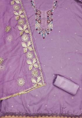 Lavender Soft Organza Embroidered Unstitched Dress Material 3