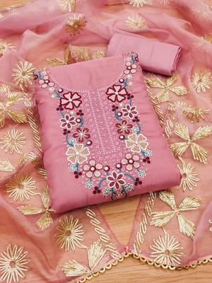 Pink Soft Organza Embroidered Unstitched Dress Material 1