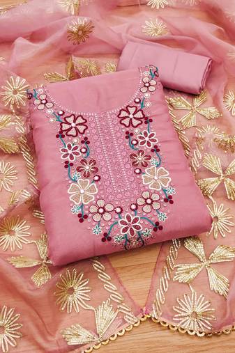 Pink Soft Organza Embroidered Unstitched Dress Material