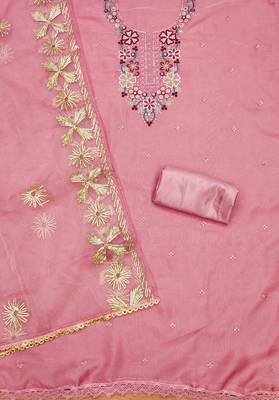 Pink Soft Organza Embroidered Unstitched Dress Material 3