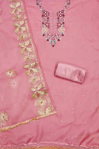 Pink Soft Organza Embroidered Unstitched Dress Material