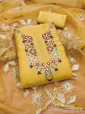 Yellow Soft Organza Embroidered Unstitched Dress Material 1