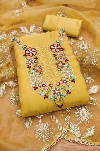 Yellow Soft Organza Embroidered Unstitched Dress Material