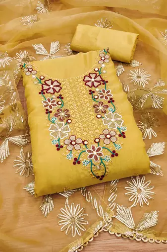Yellow Soft Organza Embroidered Unstitched Dress Material