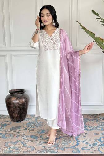 White chanderi heavy thread embroidery work with printed dupatta kurta pant set