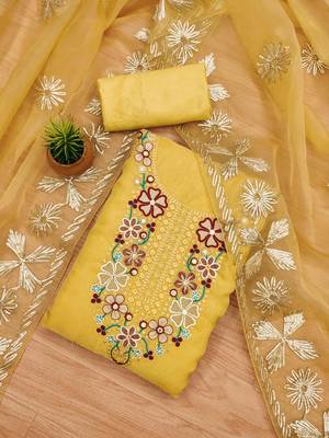 Yellow Soft Organza Embroidered Unstitched Dress Material 2