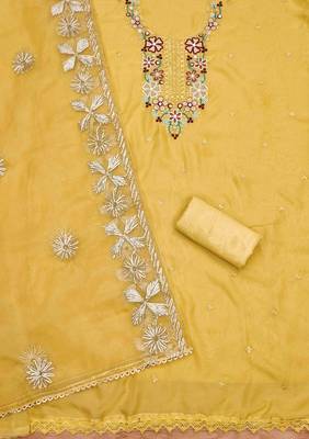 Yellow Soft Organza Embroidered Unstitched Dress Material 3