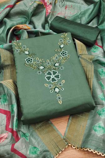 Green Roman silk blend Embroidered Unstitched Dress Material