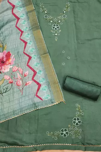 Green Roman silk blend Embroidered Unstitched Dress Material