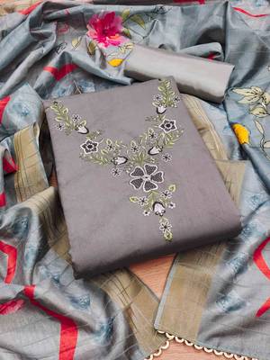Grey Roman silk blend Embroidered Unstitched Dress Material 1