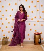 Wine viscose chanderi heavy thread embroidery work with sequins work kurta pant set