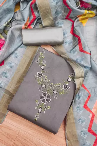Grey Roman silk blend Embroidered Unstitched Dress Material