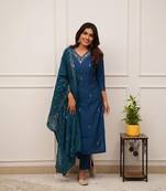 Blue viscose chanderi heavy thread embroidery work with sequins work kurta pant set