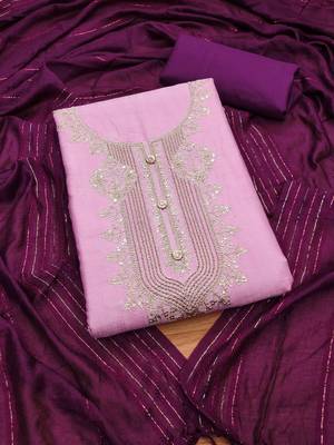 Pink Reyon Sequinned Work Unstitched Dress Material 2