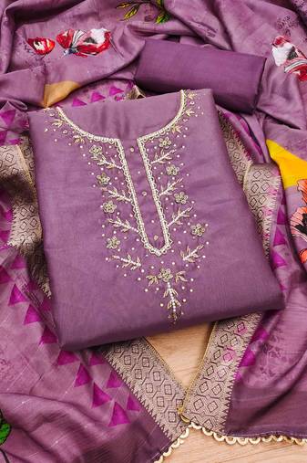 Lavender Shimmer silk blend Hand Work Unstitched Dress Material