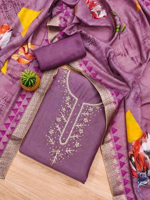 Lavender Shimmer silk blend Hand Work Unstitched Dress Material 2