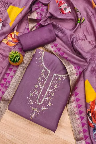 Lavender Shimmer silk blend Hand Work Unstitched Dress Material