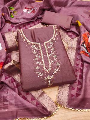 Mauve Shimmer silk blend Hand Work Unstitched Dress Material 1