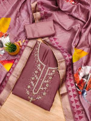 Mauve Shimmer silk blend Hand Work Unstitched Dress Material 2