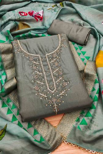 Mehndi Shimmer silk blend Hand Work Unstitched Dress Material