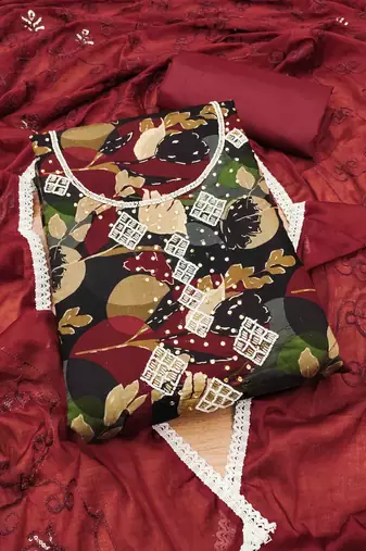 Maroon Cotton Hand Work Unstitched Dress Material