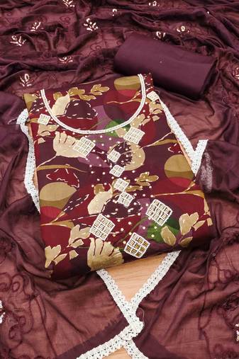 Wine Cotton Hand Work Unstitched Dress Material