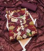 Wine Cotton Hand Work Unstitched Dress Material