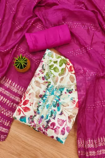 Magenta Cotton Hand Work Unstitched Dress Material
