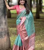 Blue kanjivaram pattu traditional saree with zari weaves and contrast blouse