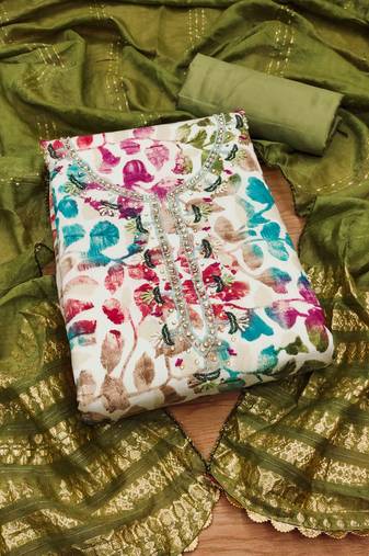 Mehndi Cotton Hand Work Unstitched Dress Material