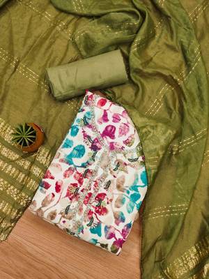Mehndi Cotton Hand Work Unstitched Dress Material 2