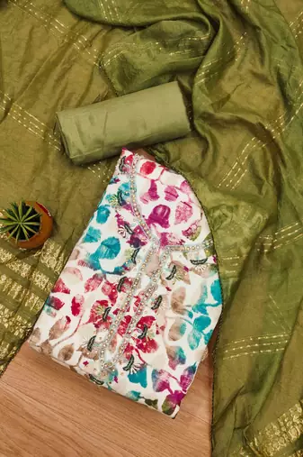 Mehndi Cotton Hand Work Unstitched Dress Material
