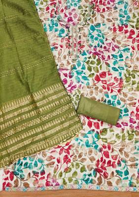 Mehndi Cotton Hand Work Unstitched Dress Material 3