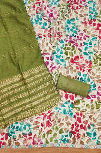 Mehndi Cotton Hand Work Unstitched Dress Material