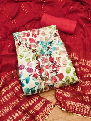 Red Cotton Hand Work Unstitched Dress Material 1
