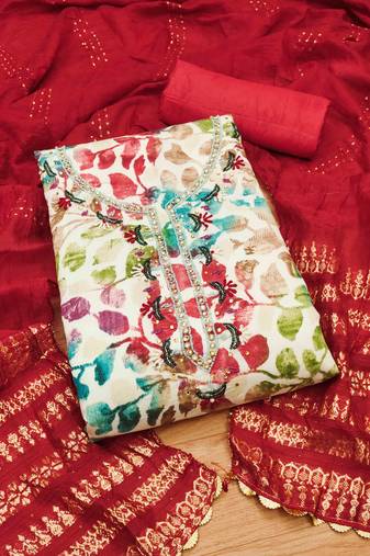 Red Cotton Hand Work Unstitched Dress Material
