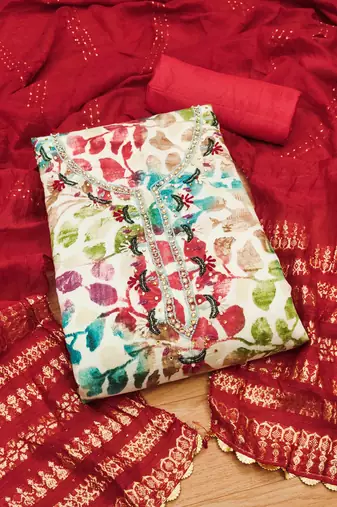 Red Cotton Hand Work Unstitched Dress Material