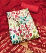 Red Cotton Hand Work Unstitched Dress Material