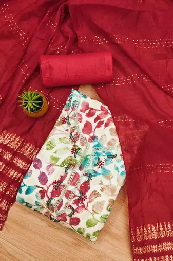 Red Cotton Hand Work Unstitched Dress Material