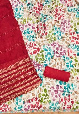 Red Cotton Hand Work Unstitched Dress Material 3