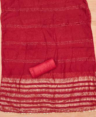 Red Cotton Hand Work Unstitched Dress Material 4