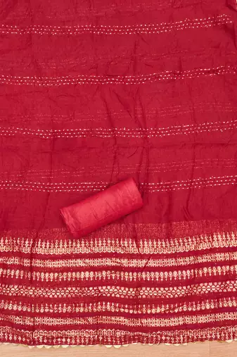 Red Cotton Hand Work Unstitched Dress Material