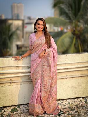 Lavender pure pashmina kashmiri meenkari weaving saree with matching blouse 1