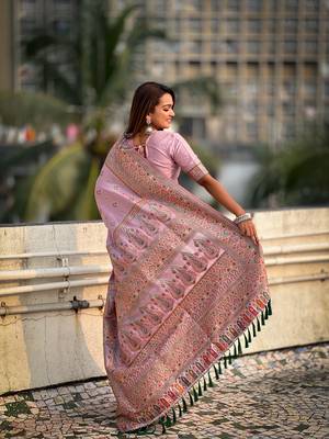 Lavender pure pashmina kashmiri meenkari weaving saree with matching blouse 3