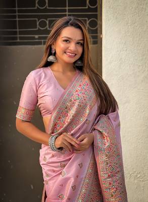 Lavender pure pashmina kashmiri meenkari weaving saree with matching blouse 4