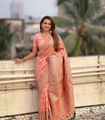 Peach pure pashmina kashmiri meenkari weaving saree with matching blouse