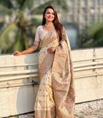 Cream pure pashmina kashmiri meenkari weaving saree with matching blouse