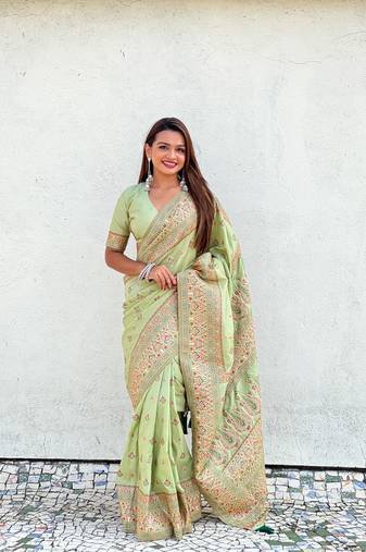 Green pure pashmina kashmiri meenkari weaving saree with matching blouse